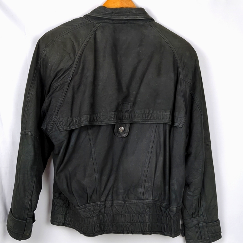 Women's D' Linea Genuine Black Leather Oversized Moto Bomber Jacket - Picture 4 of 5